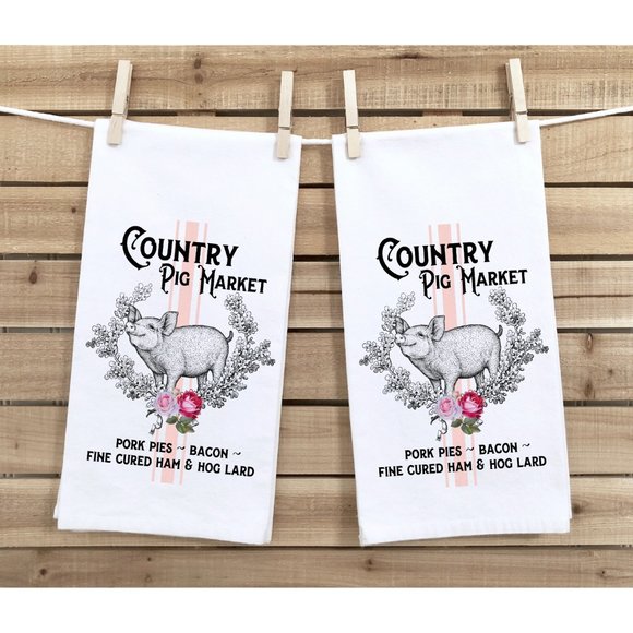 Tea Towels, Set of 2, Pink Pig, French, Gift Idea - Picture 2 of 3
